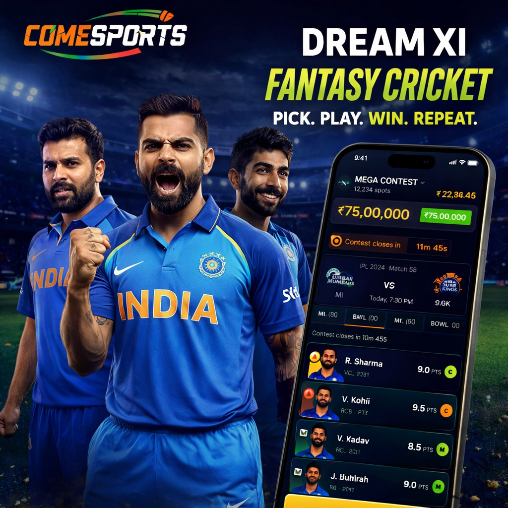 COME WIN 11 fantasy cricket and India team visual
