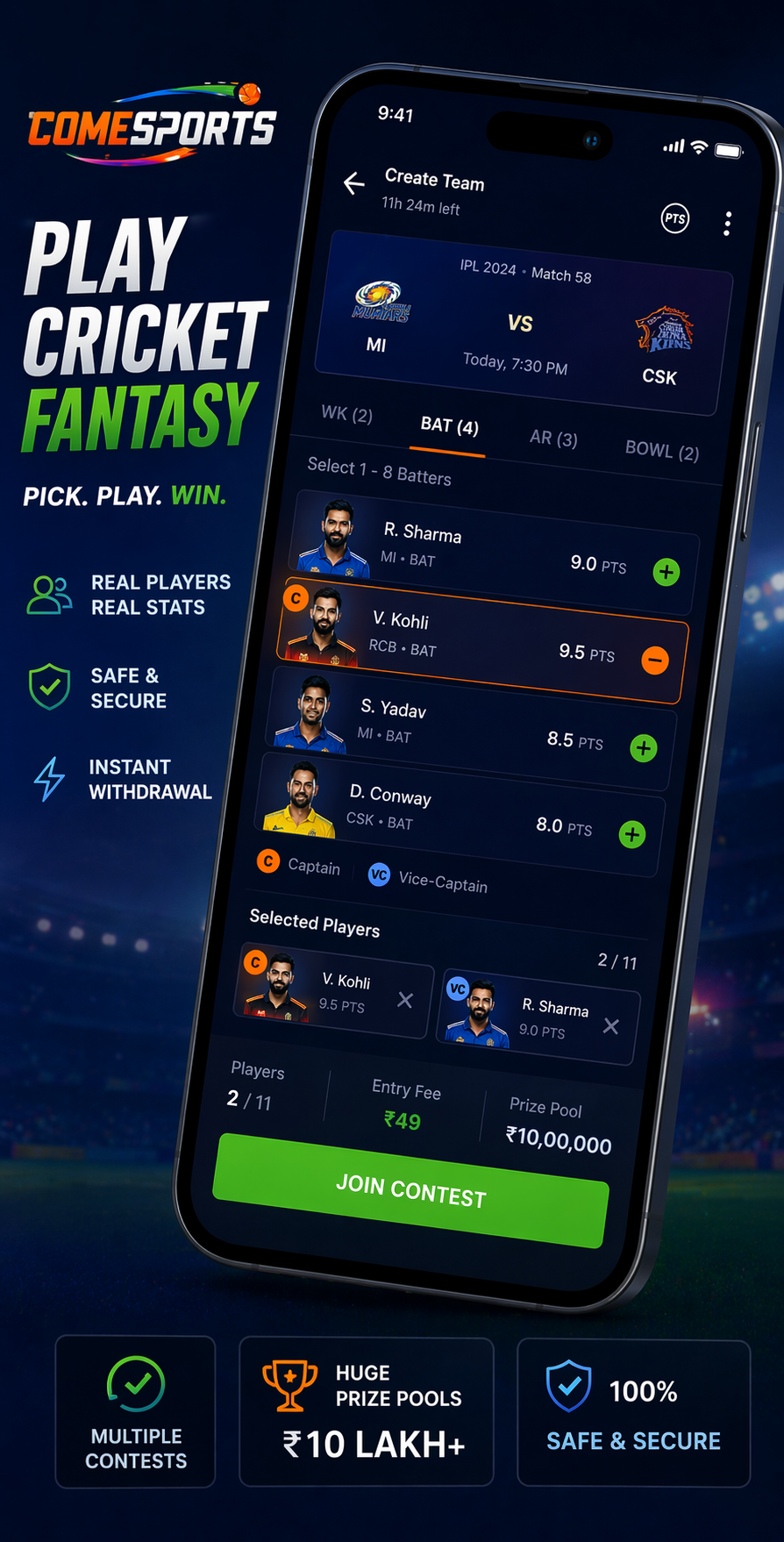 COME WIN 11 cricket fantasy visual